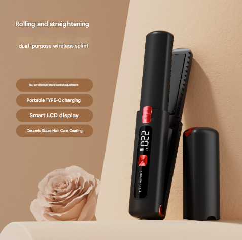 Danoz Direct - Black-red Portable Two-in-One Wireless Hair Straightener and Curler with Six Temperature Settings and Intelligent Liquid Crystal Display