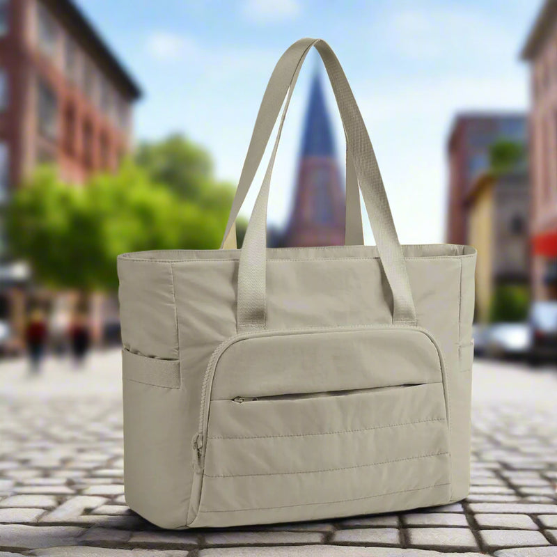 Danoz Fashion - Light Tan Versatile Women's Gym Tote Bag with Yoga Mat Strap - 18L Carryall, Fits 15.6 Laptop, Multi-Pocket Organizer