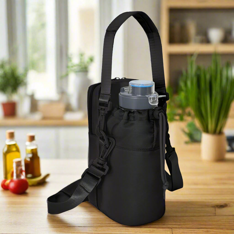 Danoz Fashion - Black Stylish Water Bottle Carrier Bag with Phone Pocket, Key Clip & Adjustable Strap - Crossbody Sling Holder