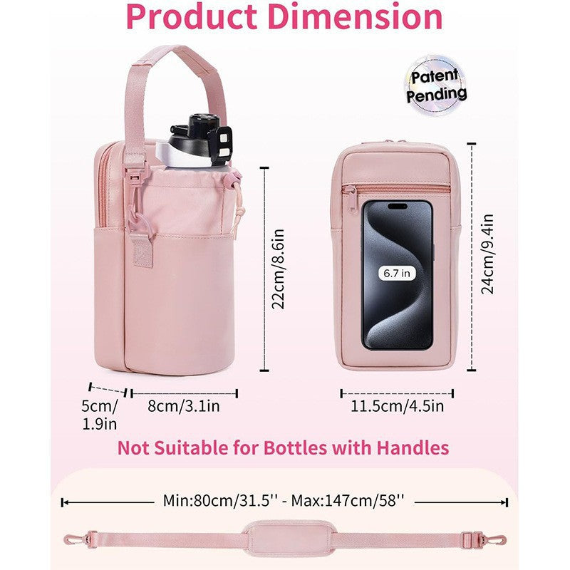 Danoz Fashion - Black Stylish Water Bottle Carrier Bag with Phone Pocket, Key Clip & Adjustable Strap - Crossbody Sling Holder