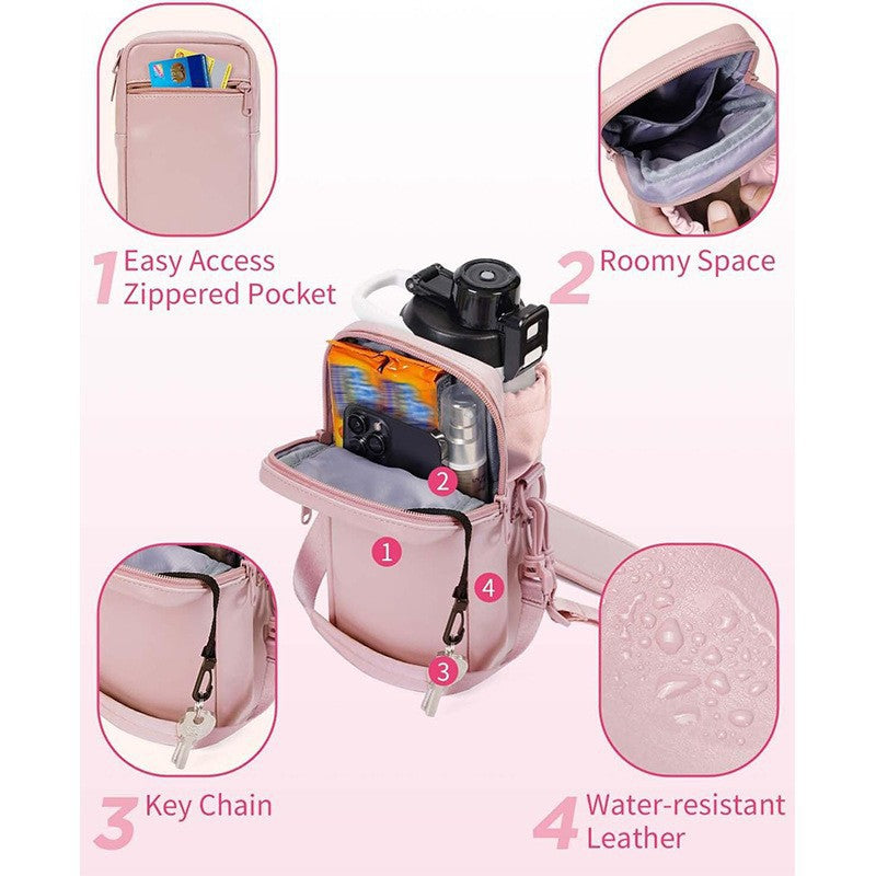 Danoz Fashion - Pink Stylish Water Bottle Carrier Bag with Phone Pocket, Key Clip & Adjustable Strap - Crossbody Sling Holder