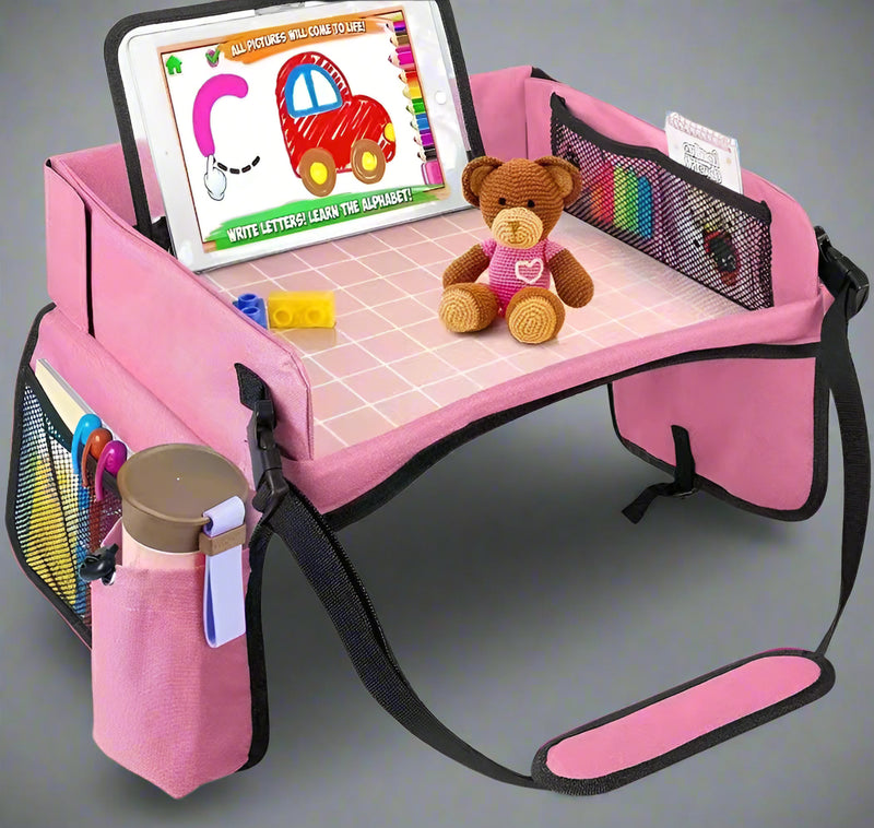 Danoz Direct - Pink Car Seat Organizer Tray for Kids - Travel Toy Storage with 43x36.5x30cm Large Capacity - Backseat Activity Tray with Storage Pockets