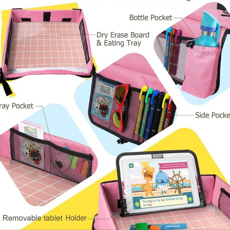 Danoz Direct - Pink Car Seat Organizer Tray for Kids - Travel Toy Storage with 43x36.5x30cm Large Capacity - Backseat Activity Tray with Storage Pockets