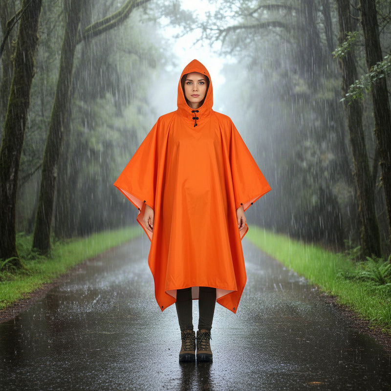 Danoz Outdoors - Orange Portable Outdoor Camping Poncho - Can be used as Raincoat, Tarp, Ground Cover (Polyester silver coated without pockets)