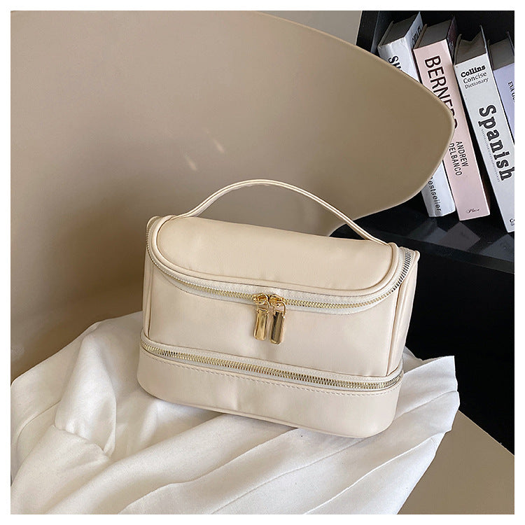 Danoz Fashion - Beige Large Capacity Double Layer PU Leather Makeup Bag - Portable Travel Cosmetic Organizer Case