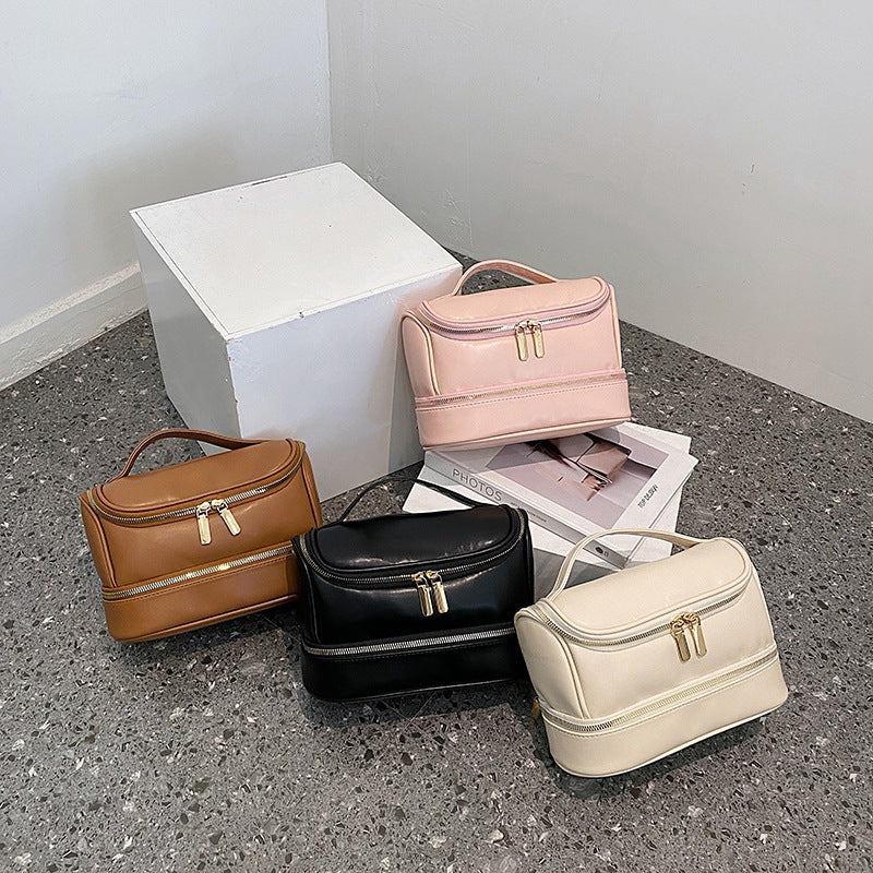 Danoz Fashion - Beige Large Capacity Double Layer PU Leather Makeup Bag - Portable Travel Cosmetic Organizer Case