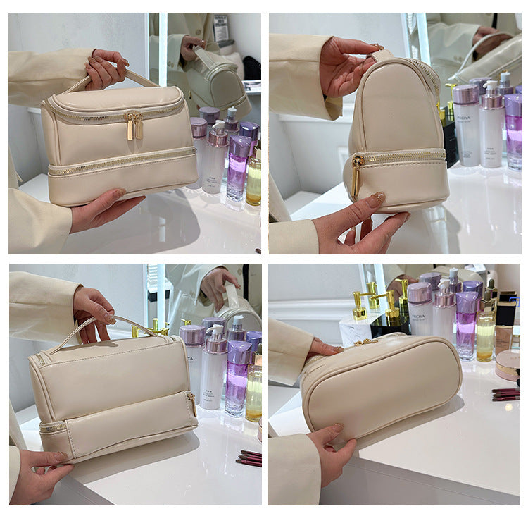 Danoz Fashion - Beige Large Capacity Double Layer PU Leather Makeup Bag - Portable Travel Cosmetic Organizer Case