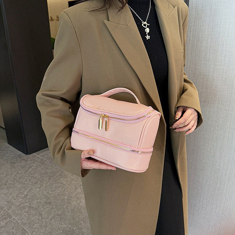 Danoz Fashion - Pink Large Capacity Double Layer PU Leather Makeup Bag - Portable Travel Cosmetic Organizer Case