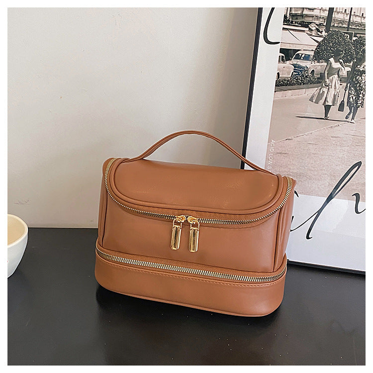 Danoz Fashion - Brown Large Capacity Double Layer PU Leather Makeup Bag - Portable Travel Cosmetic Organizer Case