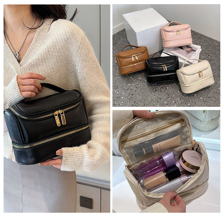Danoz Fashion - Brown Large Capacity Double Layer PU Leather Makeup Bag - Portable Travel Cosmetic Organizer Case