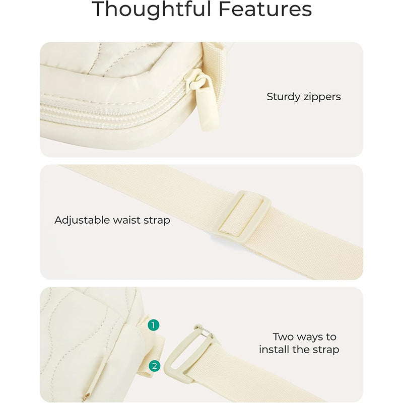 Danoz Fashion - Beige Stylish Quilted Belt Bag - Lightweight Nylon Crossbody Fanny Pack