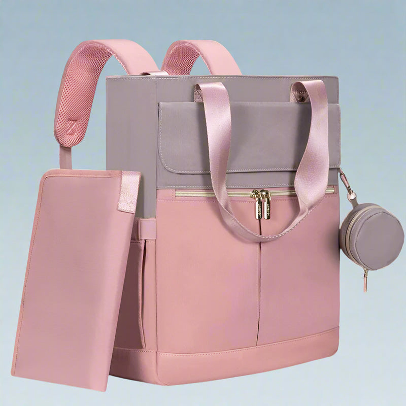 Danoz Fashion - Pink and Grey Stylish Nappy Bag Backpack - Multi-Functional Diaper Bag with Insulated Pockets, Changing Pad & Pacifier Case
