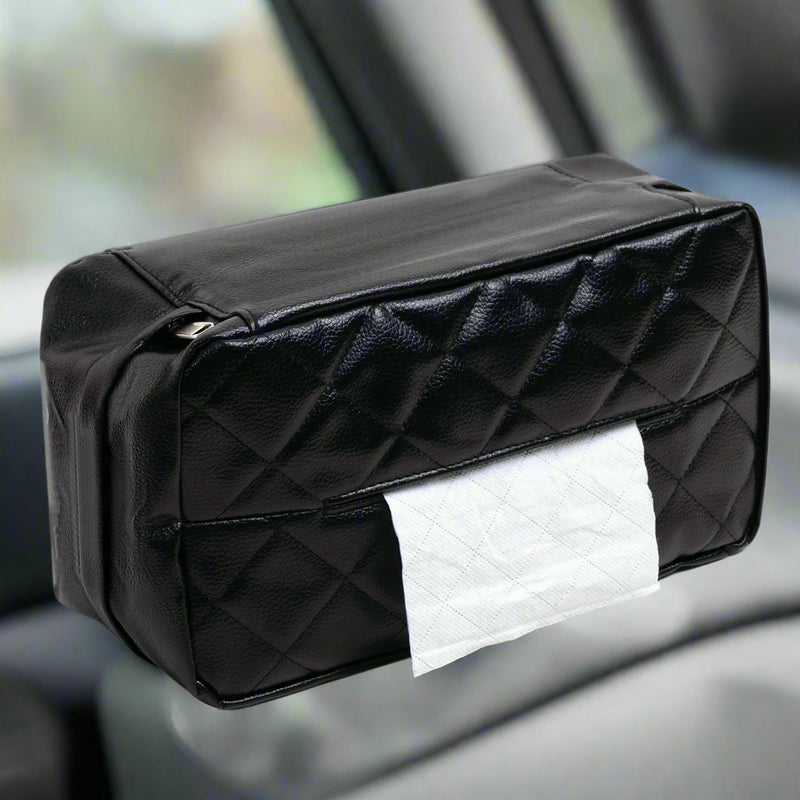 Danoz Direct - Black Universal Leather Car Tissue Box Holder - Visor, Armrest & Seat Back Mount