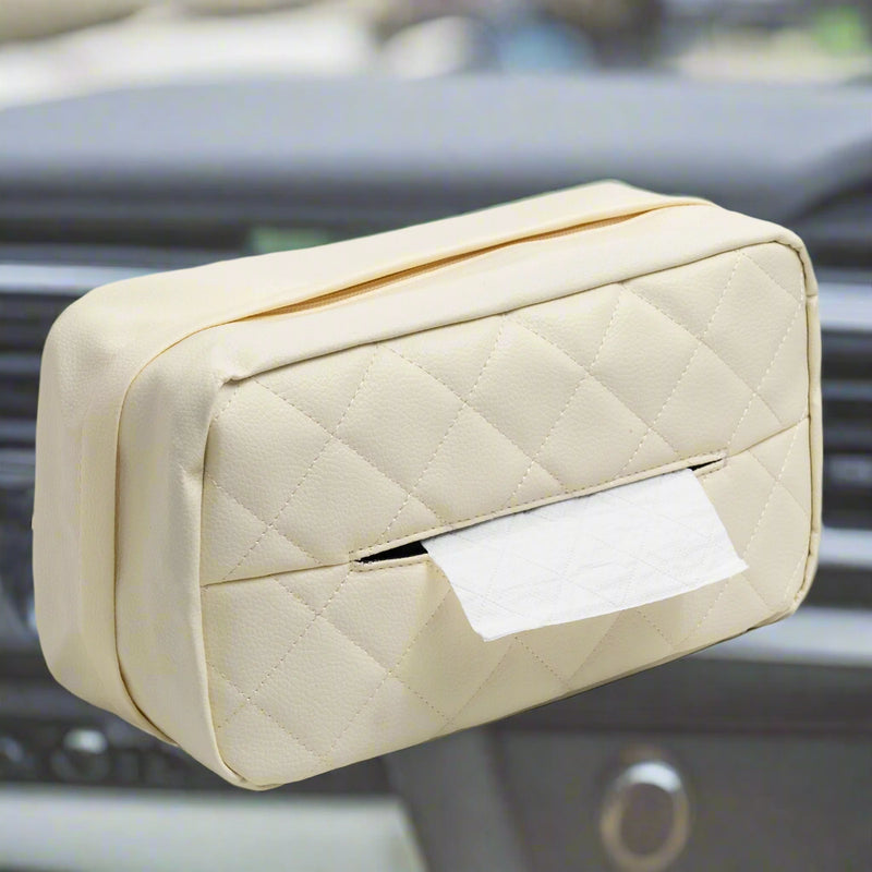 Danoz Direct - White Universal Leather Car Tissue Box Holder - Visor, Armrest & Seat Back Mount