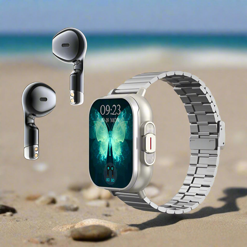 Danoz Smart - Silver Steel 2-in-1 Bluetooth Smartwatch with Integrated Earbuds for Sports