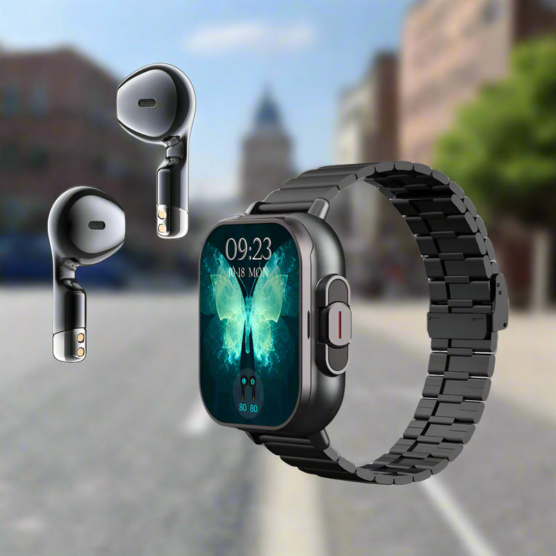 Danoz Smart - Black Steel 2-in-1 Bluetooth Smartwatch with Integrated Earbuds for Sports