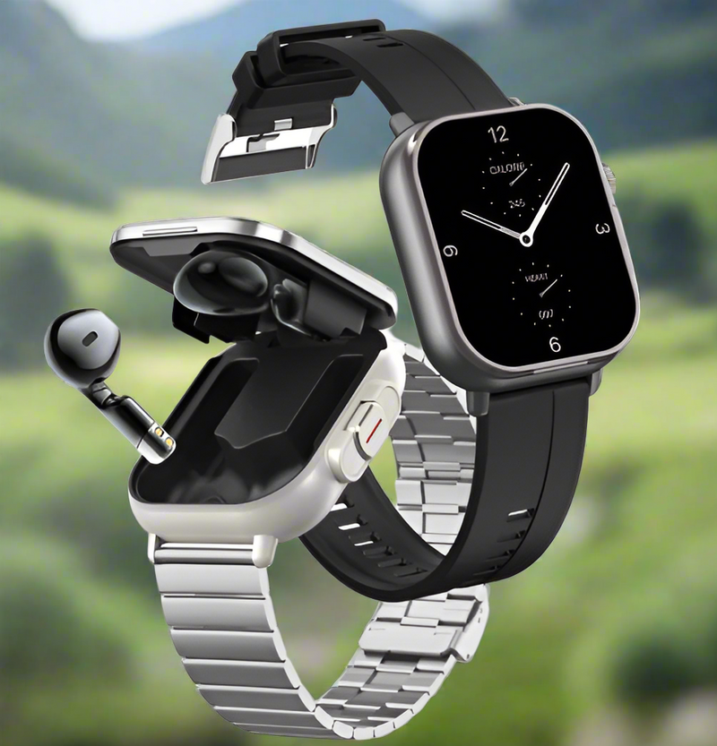 Danoz Smart - Black Steel 2-in-1 Bluetooth Smartwatch with Integrated Earbuds for Sports