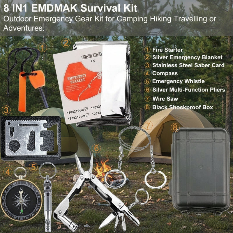 Danoz Camping - Black 8-in-1 Emergency Survival Kit - Compact Outdoor Gear for Camping, Hiking & Car