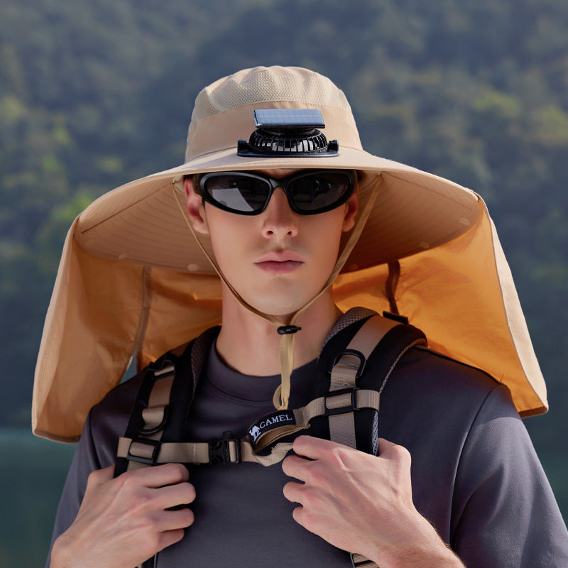 Danoz Outdoors - Khaki Outdoor Solar Fan Sun Hat - Large Brim Fishing Hiking Hat with Neck Cape
