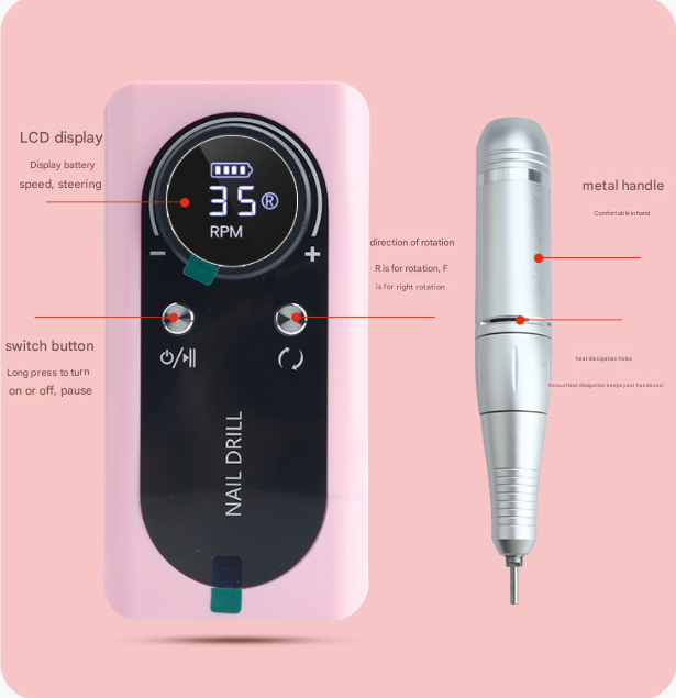 Danoz Beauty - Pink Professional Rechargeable Nail Drill Machine - 45000RPM Portable E-File Kit for Acrylic, Gel, Polishing & Manicure