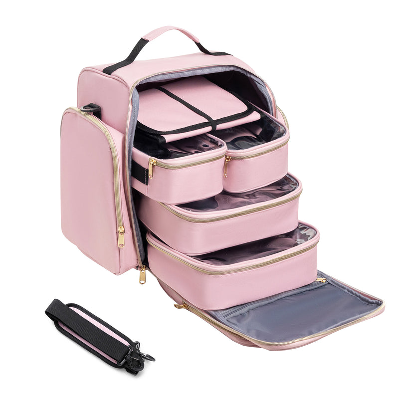 Danoz Beauty - Large Capacity Travel Makeup Backpack with 5 Removable Organizer Cases & Jewelry Roll(pink)