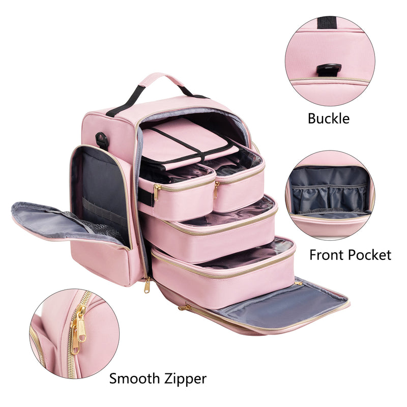 Danoz Beauty - Large Capacity Travel Makeup Backpack with 5 Removable Organizer Cases & Jewelry Roll(pink)