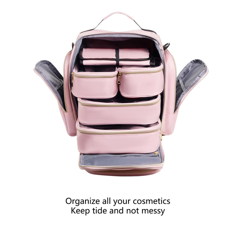 Danoz Beauty - Large Capacity Travel Makeup Backpack with 5 Removable Organizer Cases & Jewelry Roll(pink)