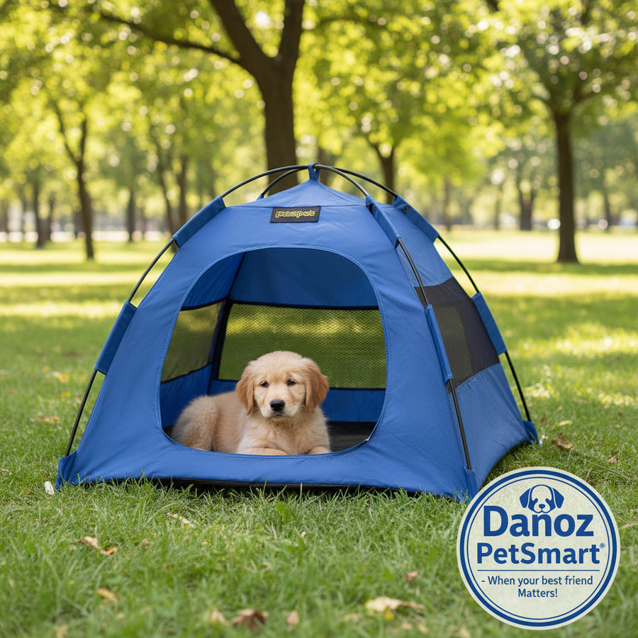 Blue pet tent with mesh door on a white background