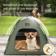 Dog inside a green pet tent with text highlighting windproof and dustproof features.