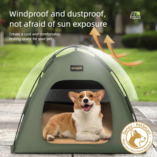 Dog inside a green pet tent with text highlighting windproof and dustproof features.