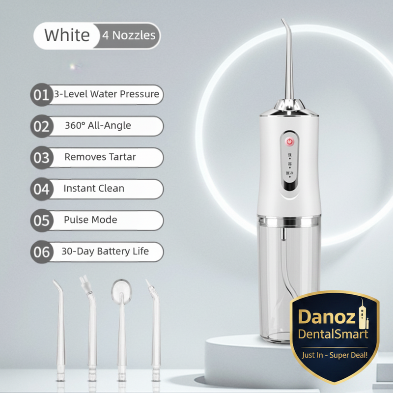 White water flosser with features listed on a gray background