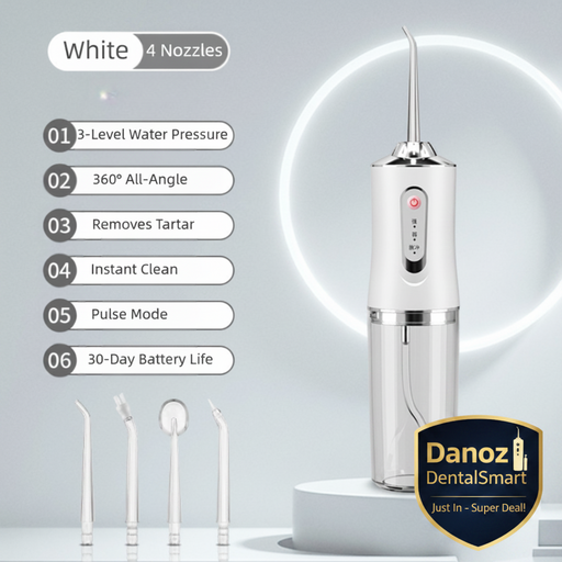 White water flosser with features listed on a gray background