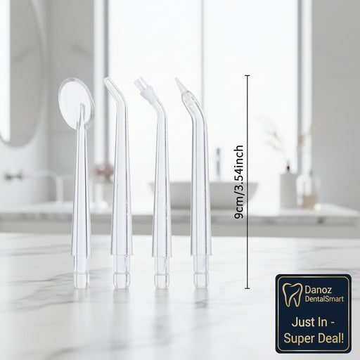 Set of clear dental tools including a suction cup and various shaped nozzles with measurements on a white background.