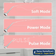 Three modes of a shower head labeled 'Soft Mode', 'Power Mode', and 'Pulse Mode' on a pink background.