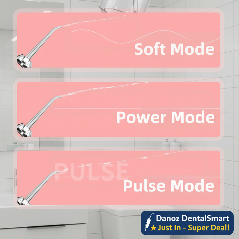 Three modes of a shower head labeled 'Soft Mode', 'Power Mode', and 'Pulse Mode' on a pink background.