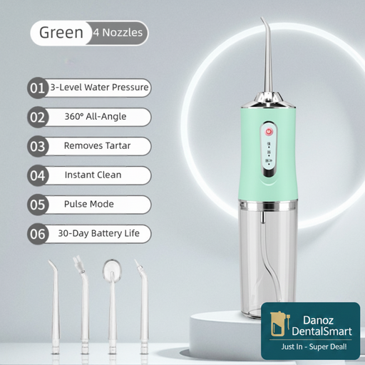 Green water flosser with features listed on a gray background