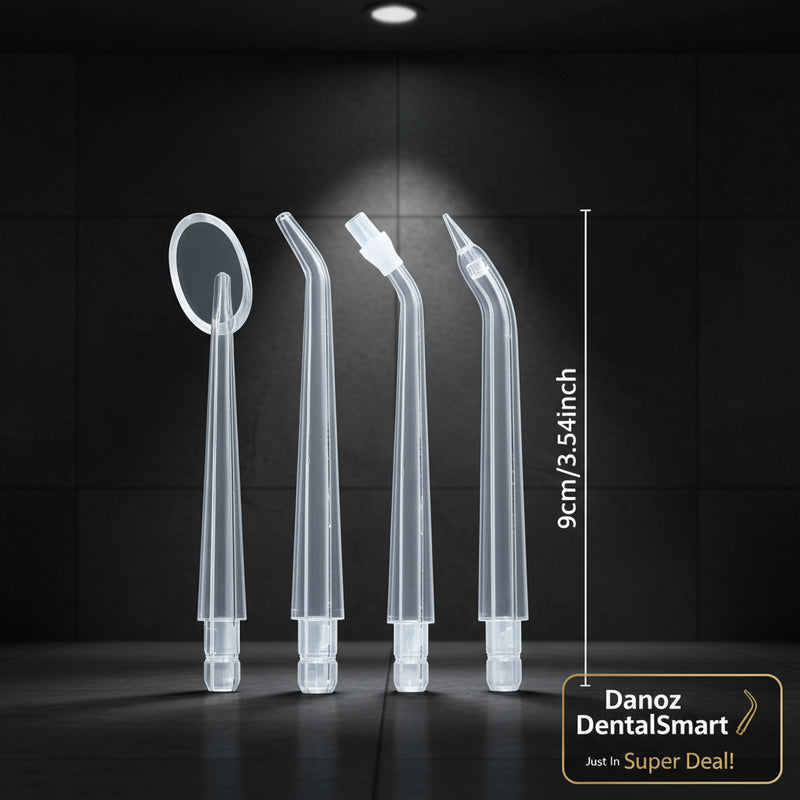 Set of clear dental tools including a suction cup and various shaped nozzles with measurements on a white background.