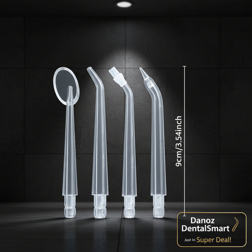 Set of clear dental tools including a suction cup and various shaped nozzles with measurements on a white background.