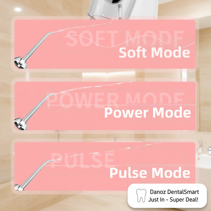 Three modes of a shower head labeled 'Soft Mode', 'Power Mode', and 'Pulse Mode' on a pink background.