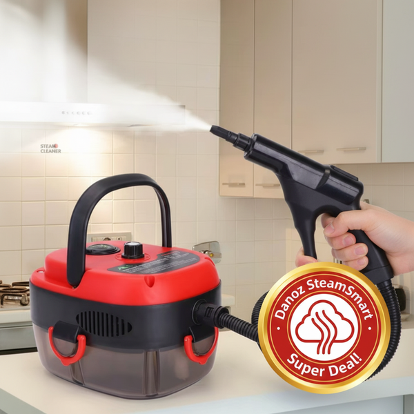 Red and black high-temperature steam cleaner with a hose, used to clean a kitchen.