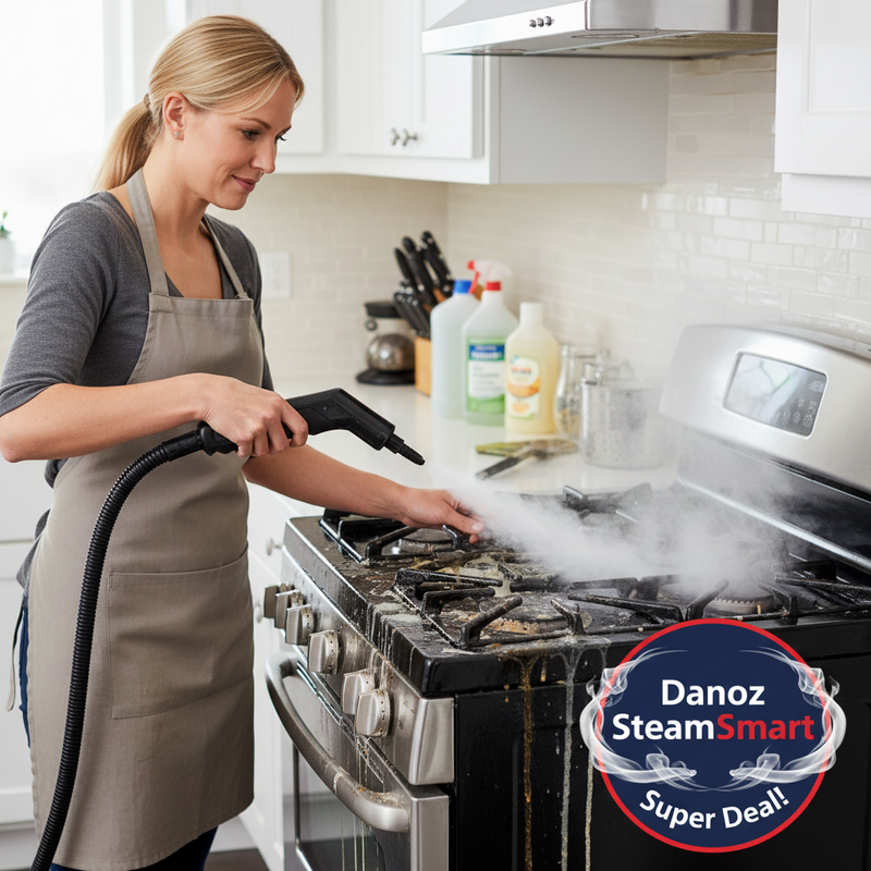 Red and black steam cleaner with hose being used to spray steam, set against a blurred kitchen background.