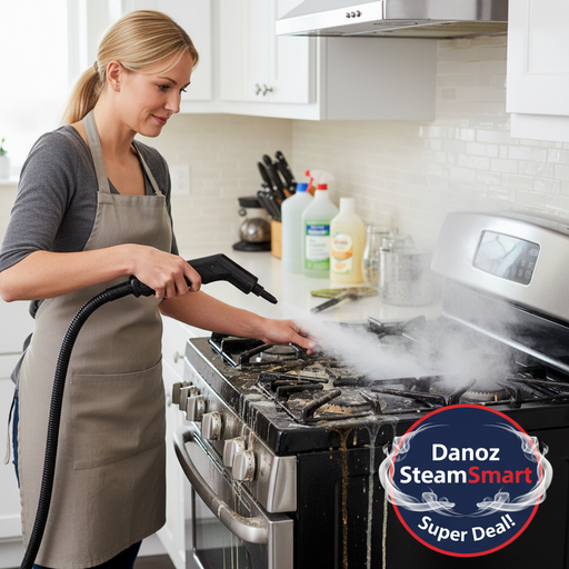 Red and black steam cleaner with hose being used to spray steam, set against a blurred kitchen background.