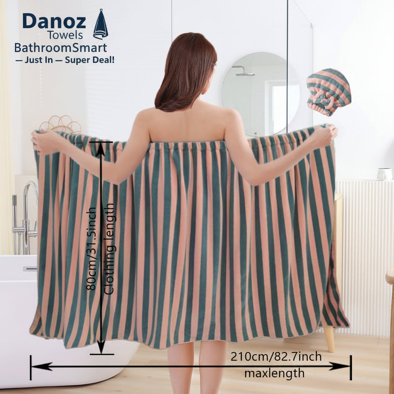 Woman holding a striped towel with measurements displayed