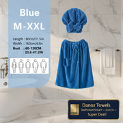 Blue towel set with size chart on a light blue background