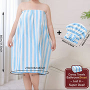 Woman wearing a blue and white striped towel with measurements displayed.