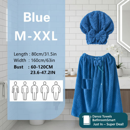 Blue towel set with size chart on a light blue background