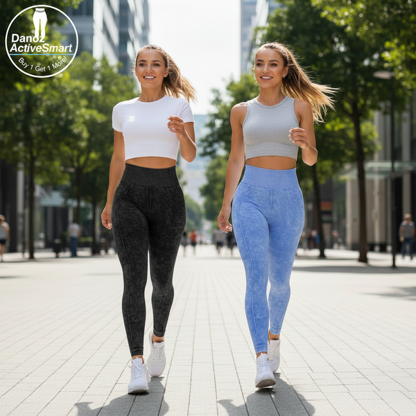 Danoz ActiveSmart - Size M - Seamless High Waisted Yoga Leggings PCS Solid Black and Sand Washed Blue Moisture Wicking Activewear - Buy 1 Get 1 More!