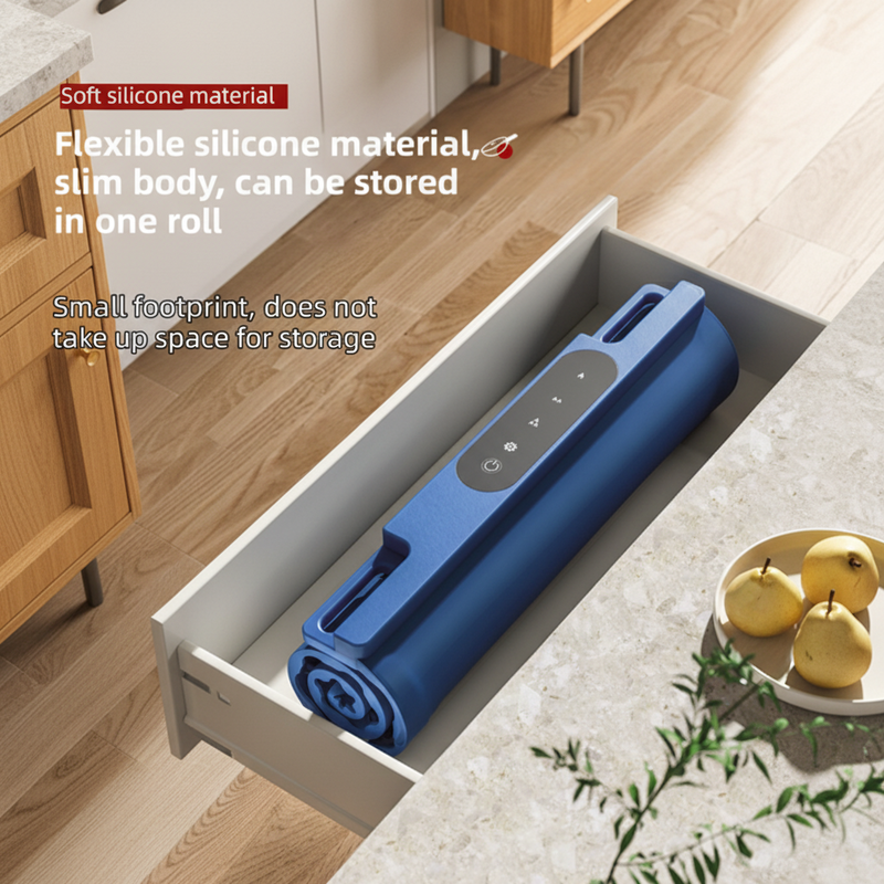 Blue silicone mat on a wooden surface with text about its material and storage capabilities.