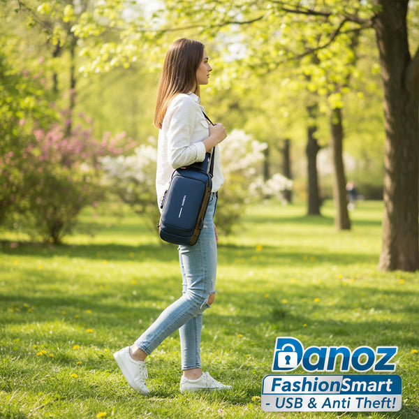 Blue and brown crossbody bag with 'FASHION' text on a white background