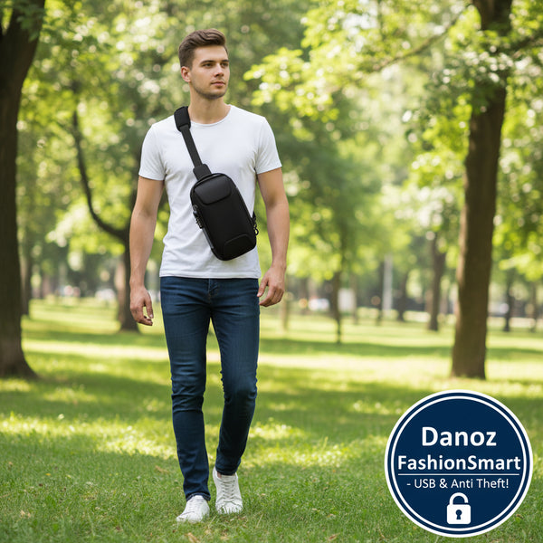 Black sling bag with USB port on a white background